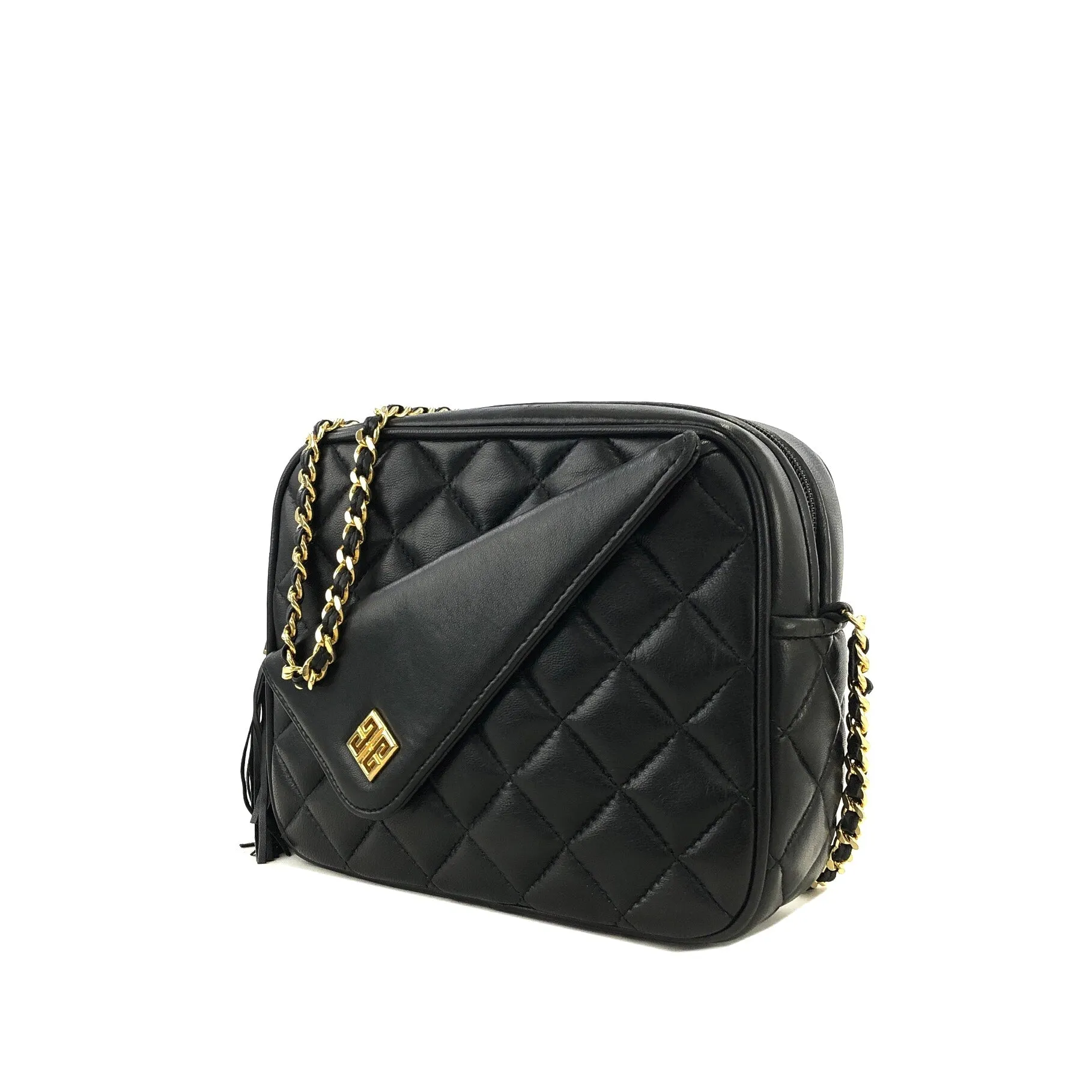 GIVENCHY Logo Quilted Tassel Leather Chain Shoulder bag Black Vintage Old ahvesn