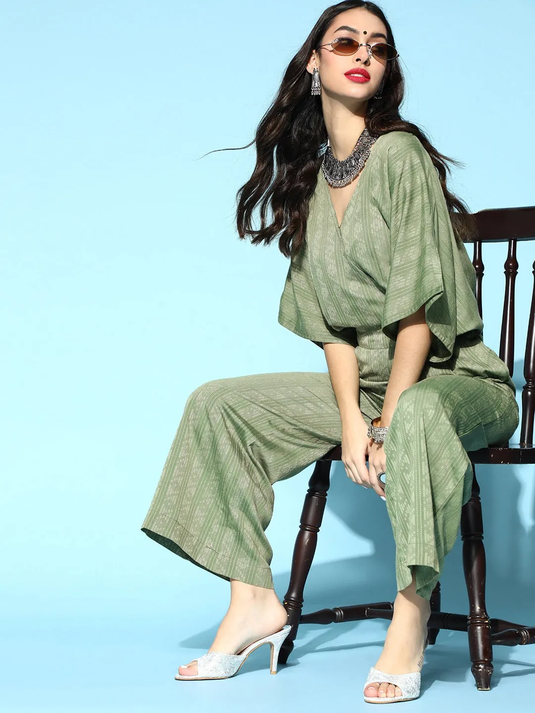 Green Rayon Self Weave Jumpsuit