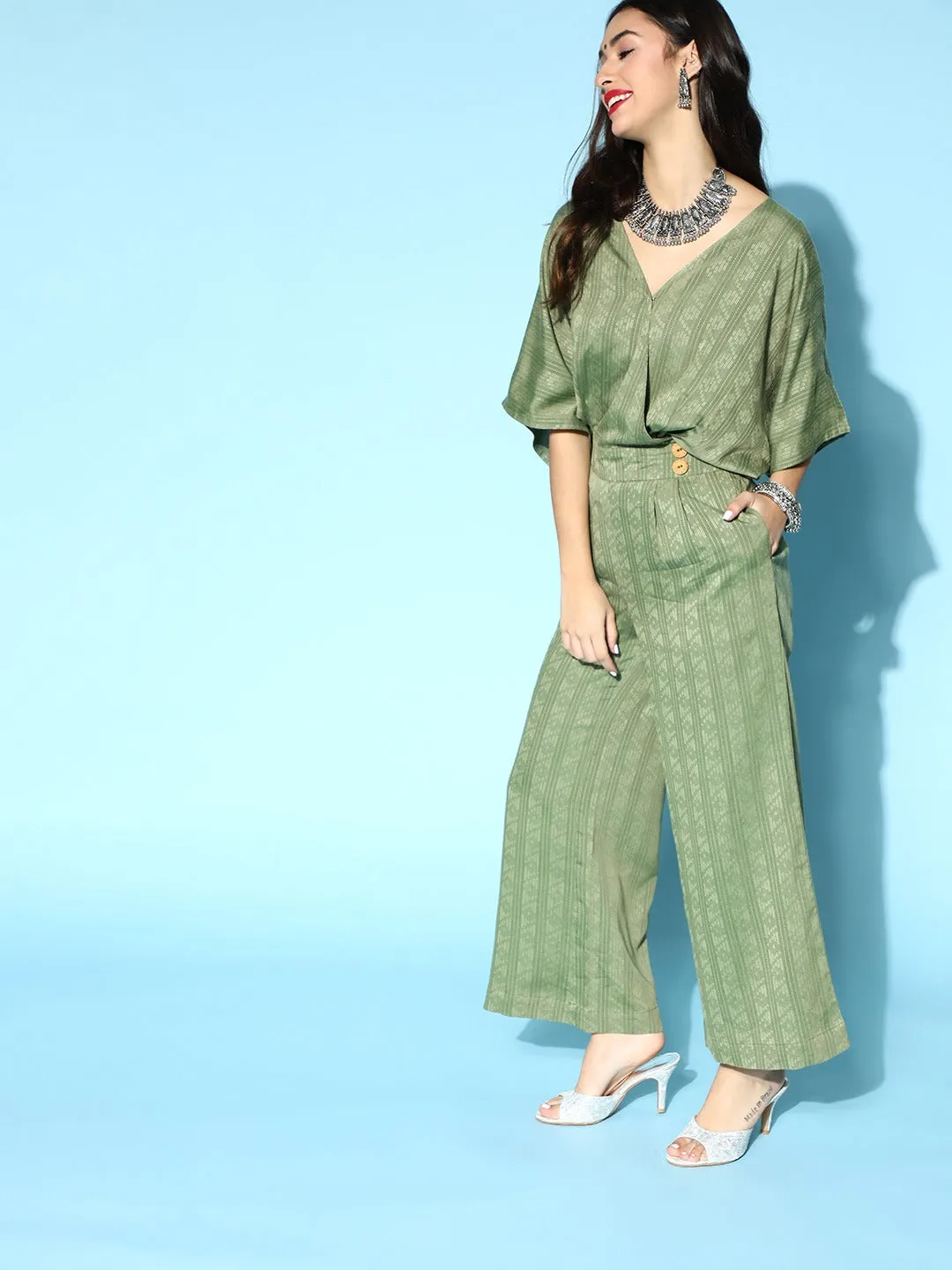 Green Rayon Self Weave Jumpsuit