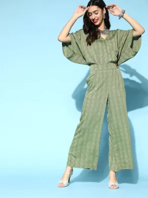 Green Rayon Self Weave Jumpsuit