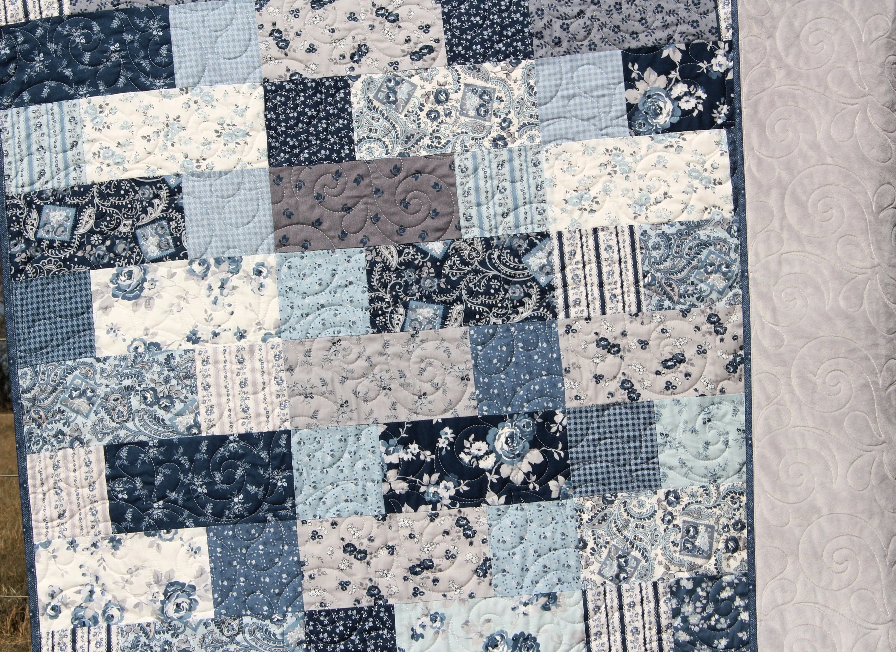 Handmade Quilts for Sale Farmhouse Home Decor Throw Blanket Minky Adult Gifts for Her Floral Grey Gray Navy Blue Modern Flowers Contemporary