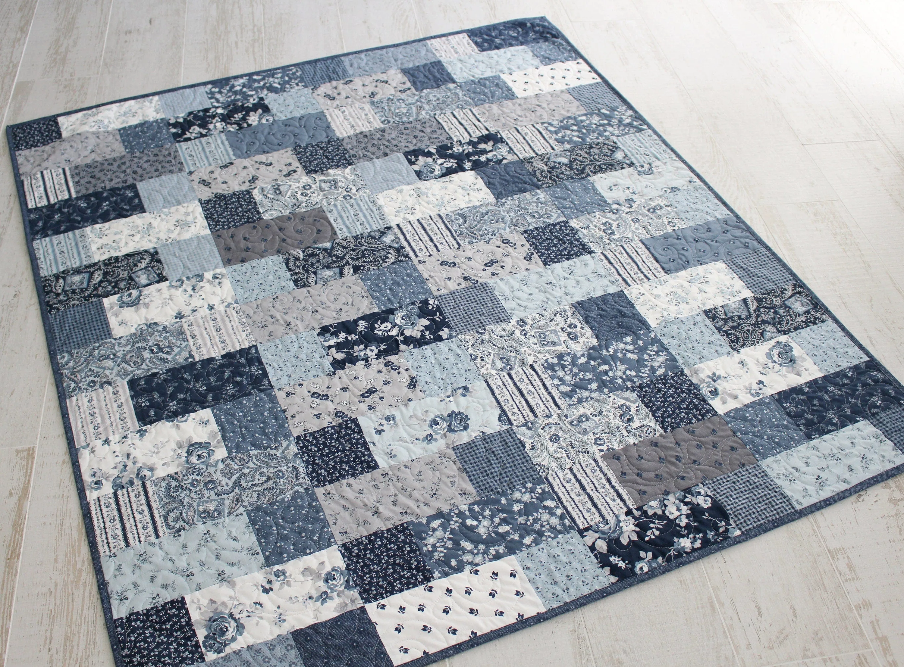 Handmade Quilts for Sale Farmhouse Home Decor Throw Blanket Minky Adult Gifts for Her Floral Grey Gray Navy Blue Modern Flowers Contemporary