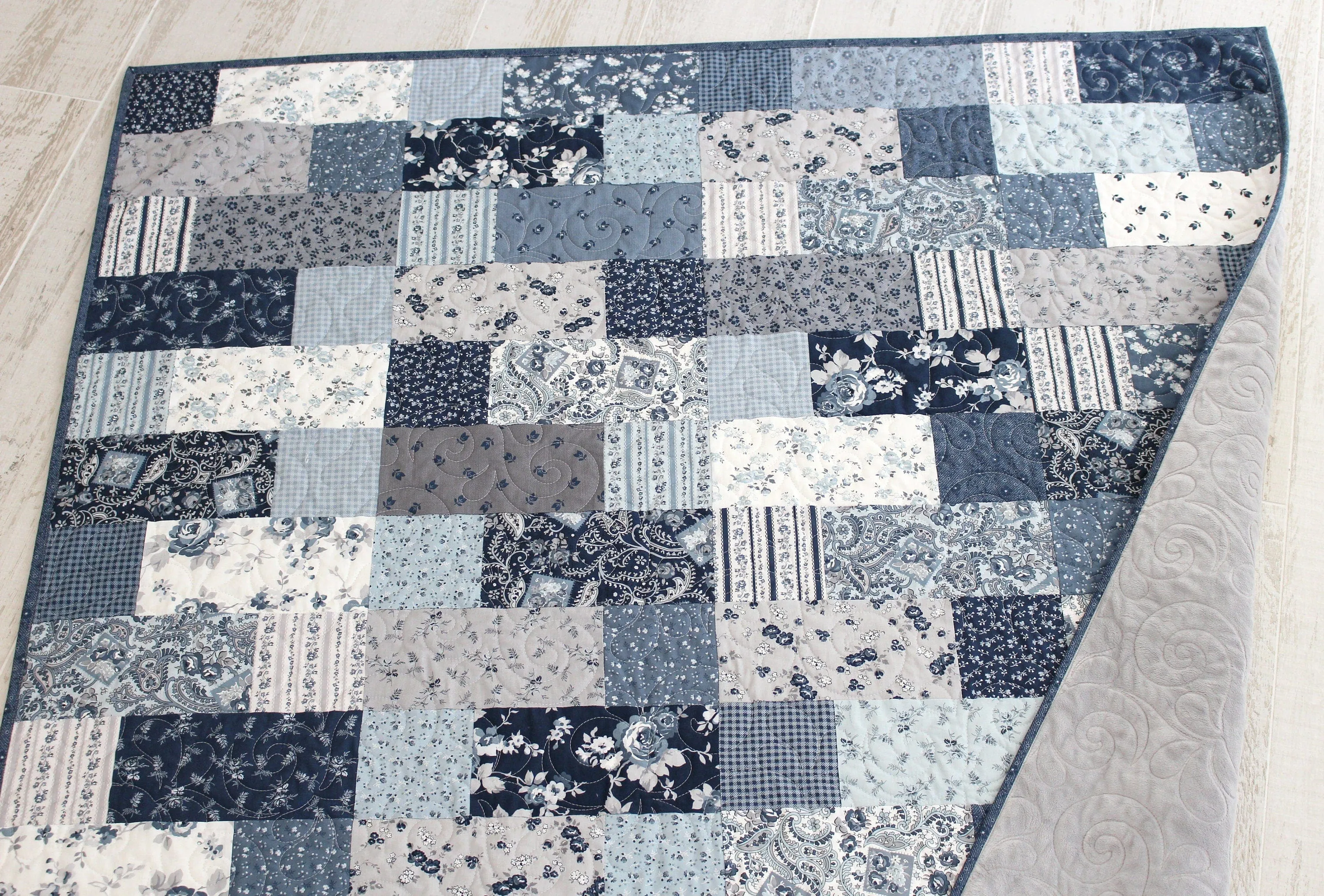 Handmade Quilts for Sale Farmhouse Home Decor Throw Blanket Minky Adult Gifts for Her Floral Grey Gray Navy Blue Modern Flowers Contemporary