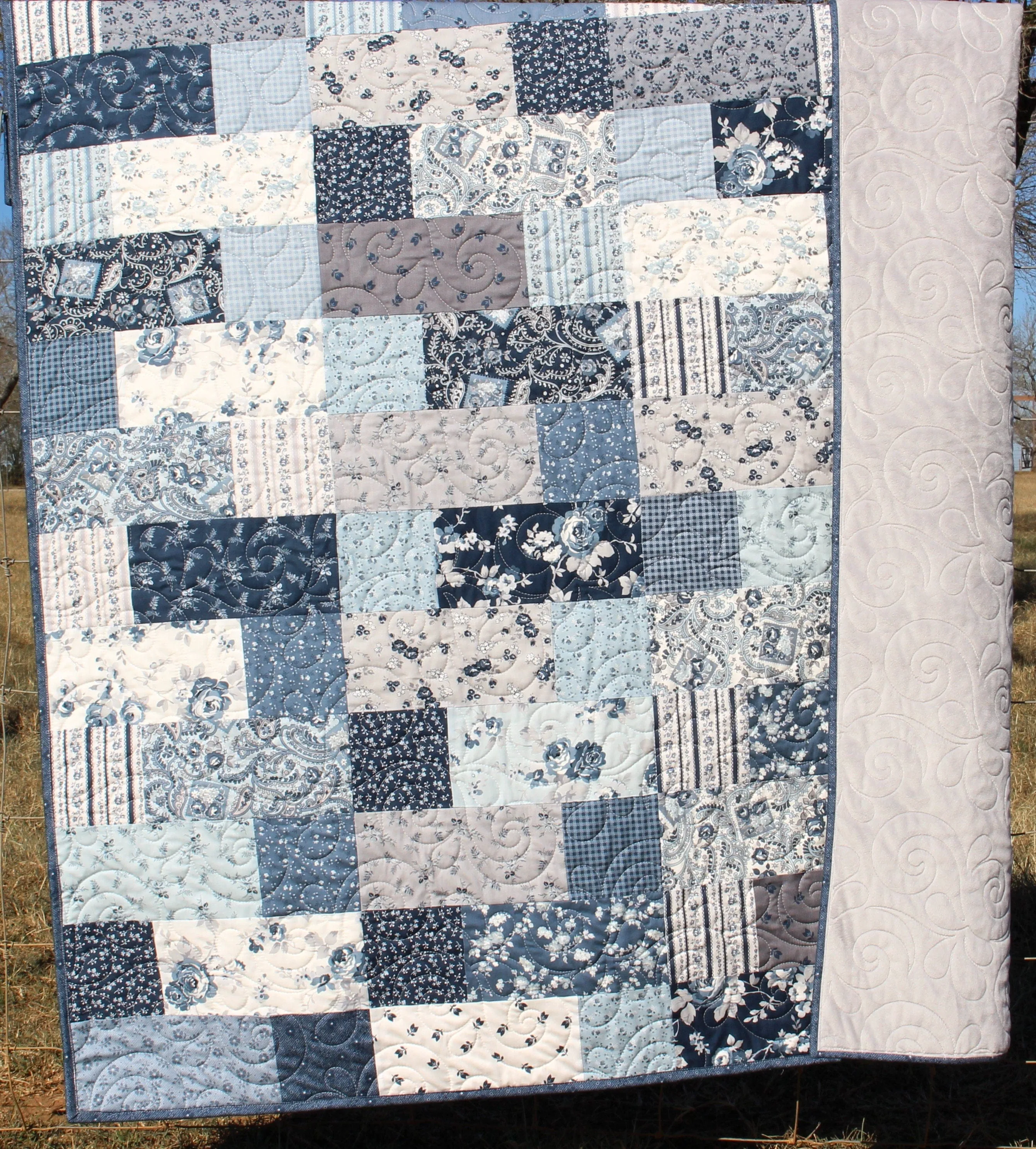 Handmade Quilts for Sale Farmhouse Home Decor Throw Blanket Minky Adult Gifts for Her Floral Grey Gray Navy Blue Modern Flowers Contemporary