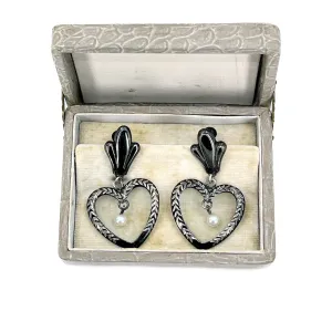 Heart Black Enamel Japanese Akoya Saltwater Cultured Pearl Vintage Screwback Earrings- Sterling Silver