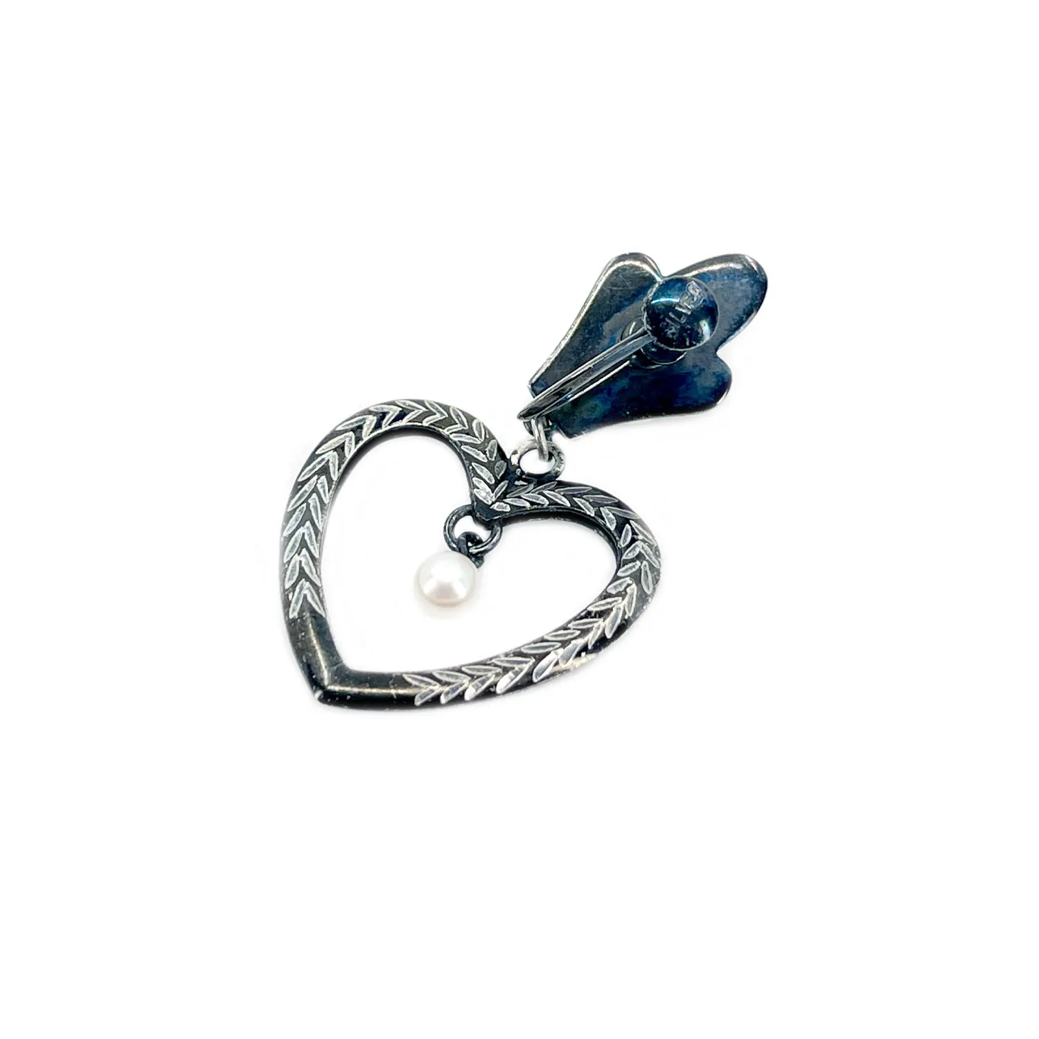 Heart Black Enamel Japanese Akoya Saltwater Cultured Pearl Vintage Screwback Earrings- Sterling Silver