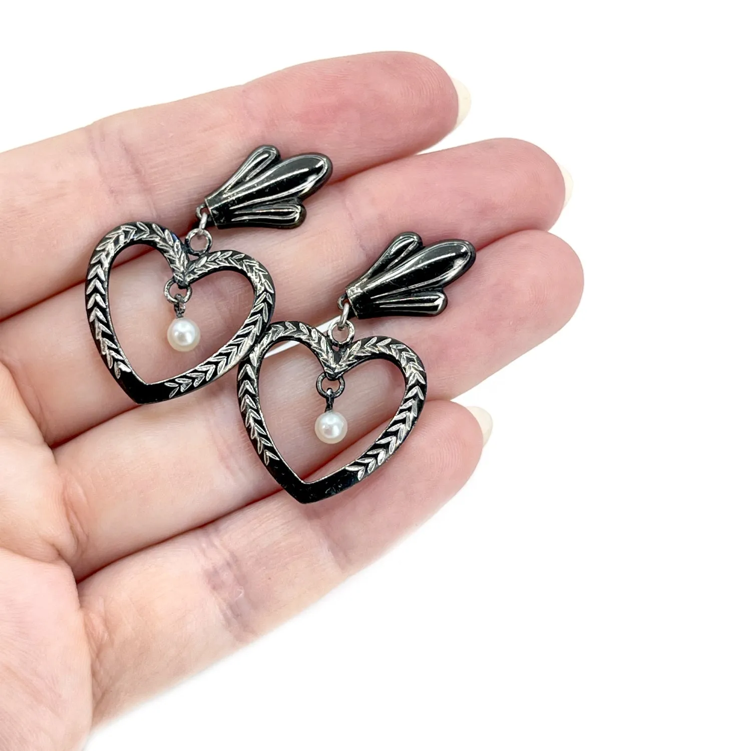 Heart Black Enamel Japanese Akoya Saltwater Cultured Pearl Vintage Screwback Earrings- Sterling Silver