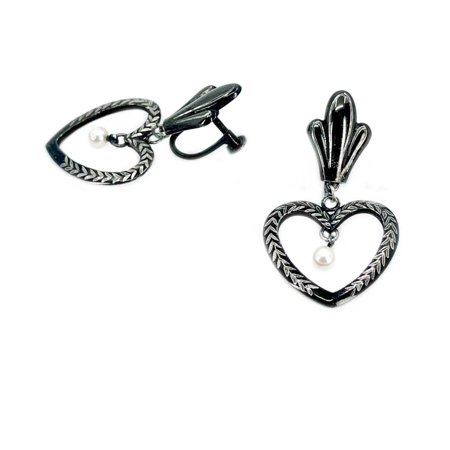 Heart Black Enamel Japanese Akoya Saltwater Cultured Pearl Vintage Screwback Earrings- Sterling Silver