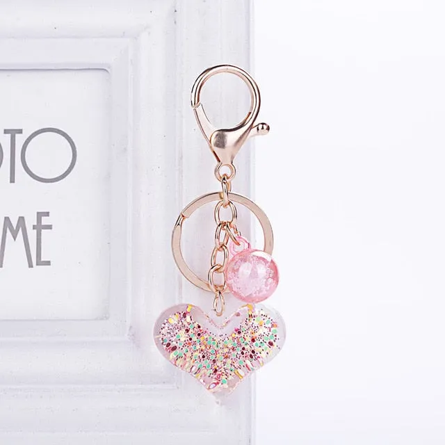 Heart-shaped glitter filled keychain