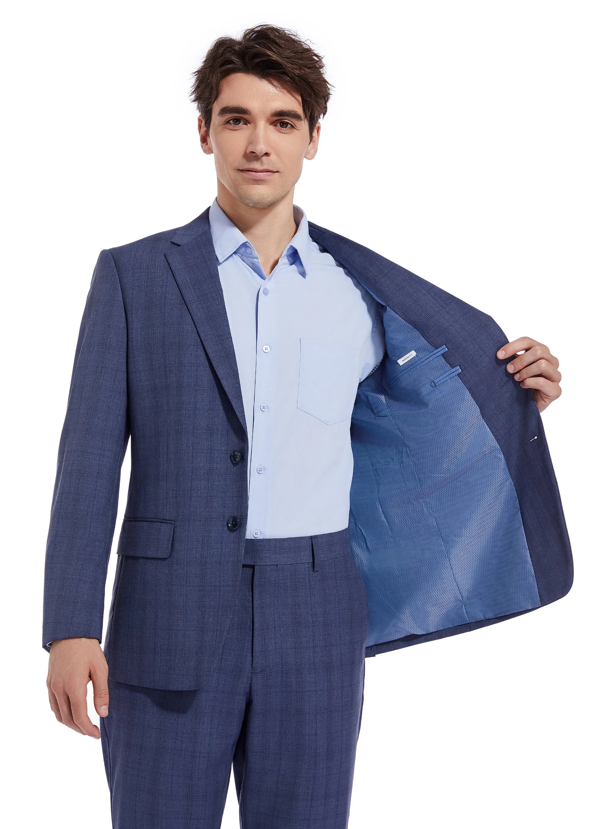 Hechter Paris Solid Blue Plaid Modern Fit Wool Suit