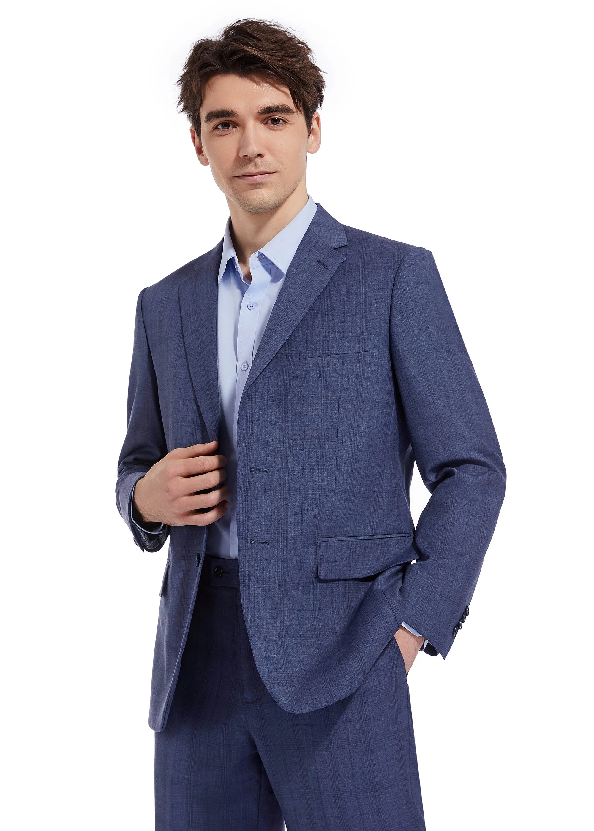 Hechter Paris Solid Blue Plaid Modern Fit Wool Suit