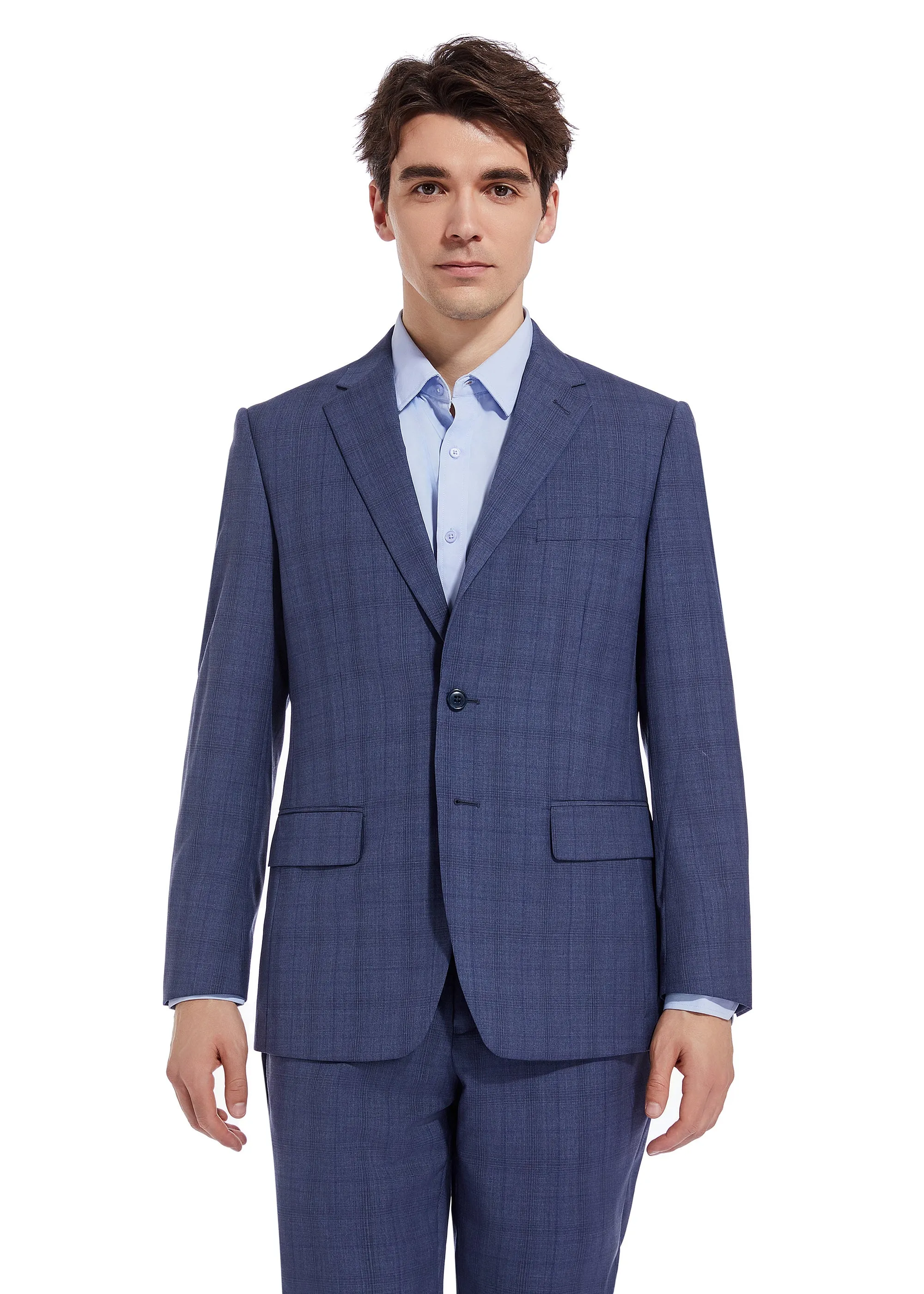 Hechter Paris Solid Blue Plaid Modern Fit Wool Suit