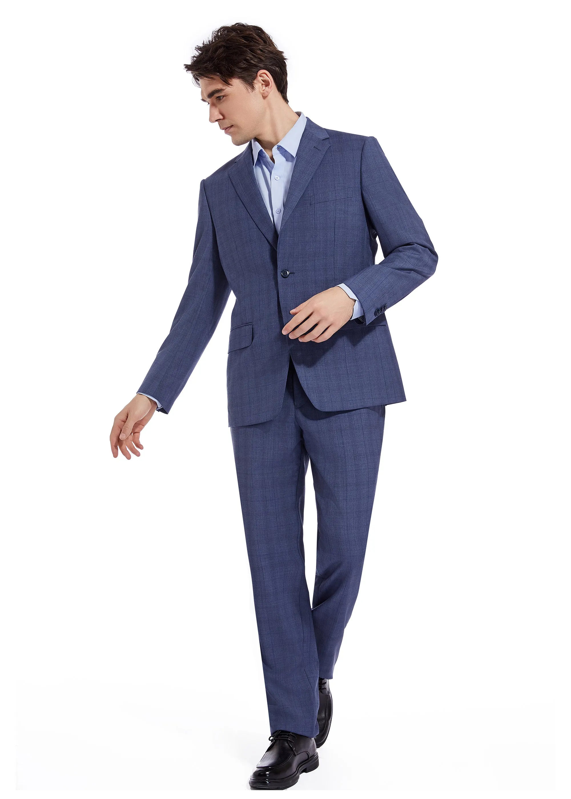 Hechter Paris Solid Blue Plaid Modern Fit Wool Suit