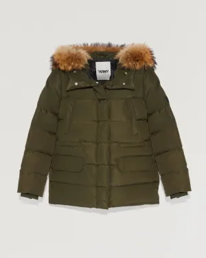 Hooded down jacket with marmot fur