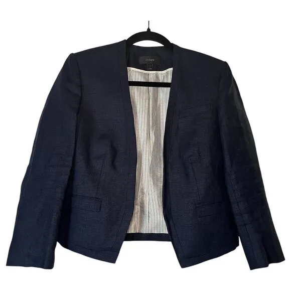 J. Crew Going Out Linen Open Front Blazer Jacket Navy Blue Size 2