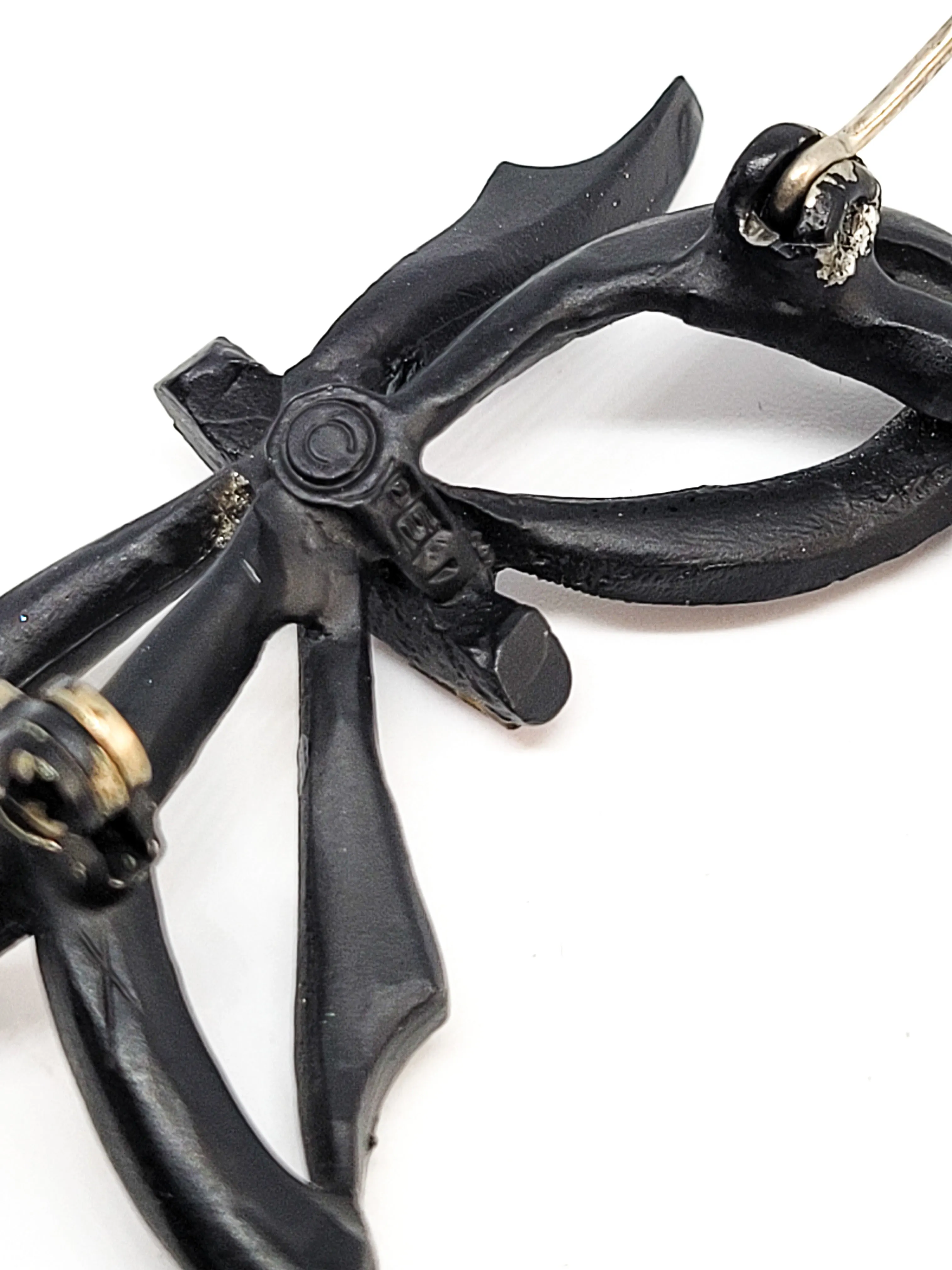 Jappaned black and purple Halloween bow rhinestone vintage brooch pin mid century