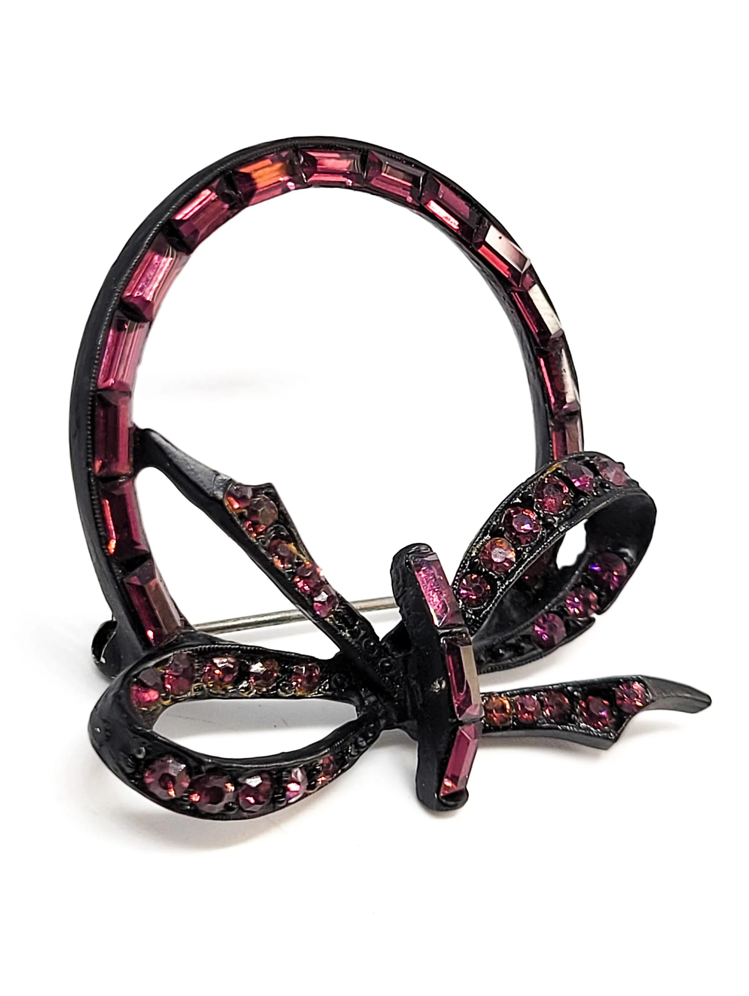 Jappaned black and purple Halloween bow rhinestone vintage brooch pin mid century
