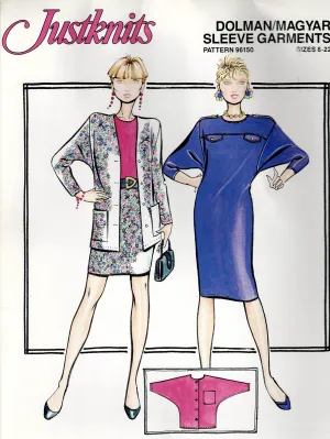 Justknits 96150 Womens Stretch Knit Dolman/Magyar Sleeve Dress Cardigan & Top 1980s Vintage Sewing Pattern Sizes 8 - 22 UNCUT Factory Folded