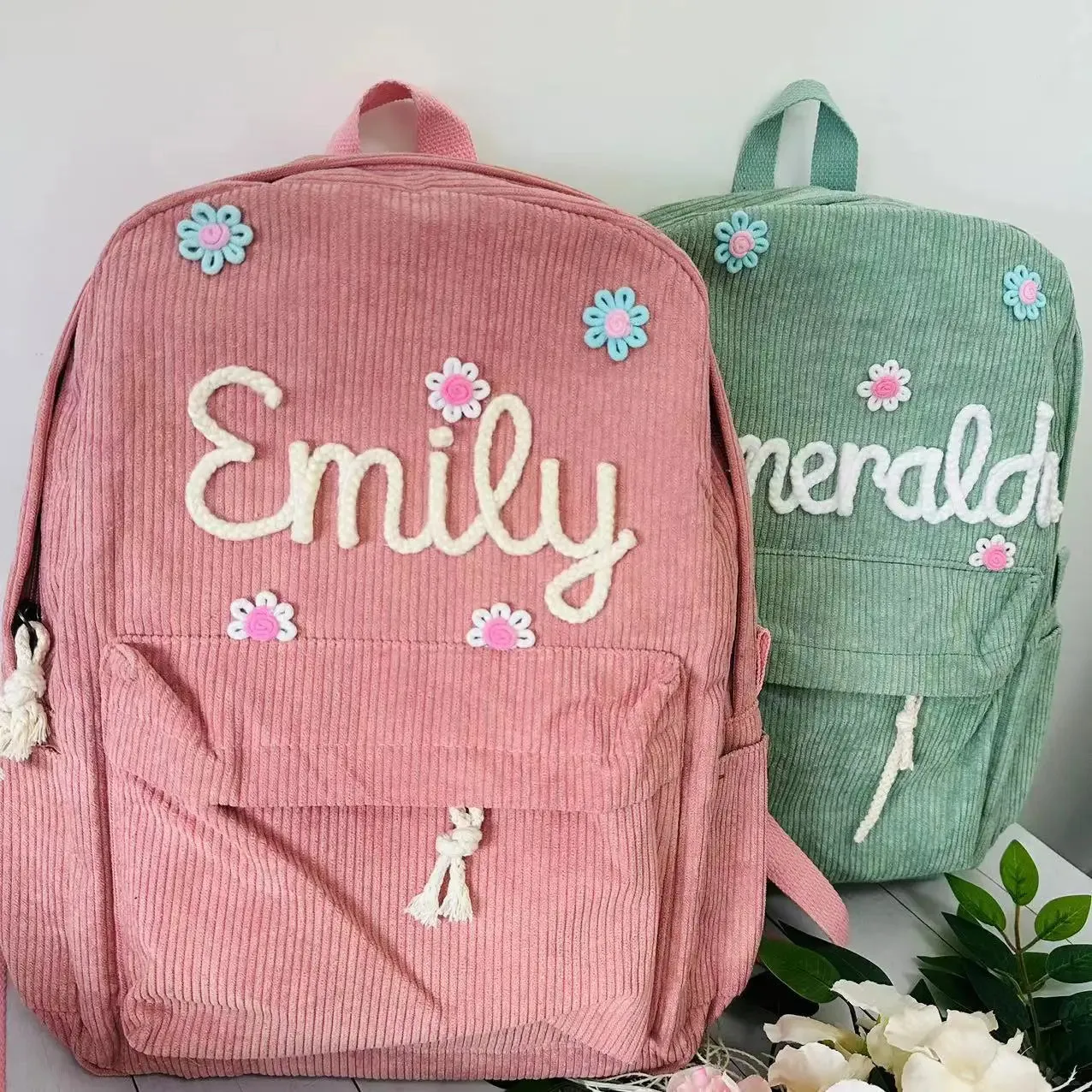 Kawaii Custom Name Backpack 🎒✨ | Adorable Embroidered Corduroy School Bag for Kids 🌈💕 | Perfect for Back to School!