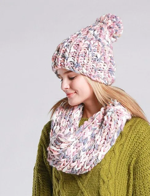 Knitted Hat and  Scarf Set Multiple Colors