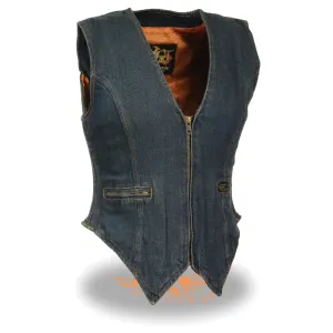 Ladies Zipper Front Denim Vest w/ Side Stretch