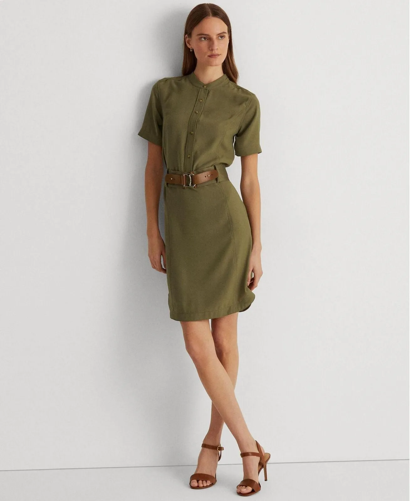 Lauren Ralph Lauren Belted Georgette Shirtdress Olive Fern Green 0