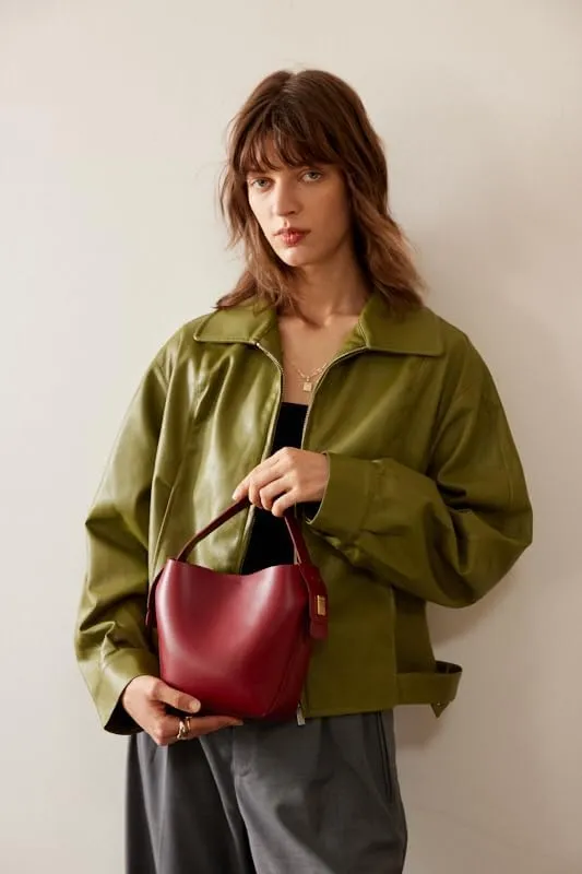 Leather Bucket Bags with an Adjustable Long Strap