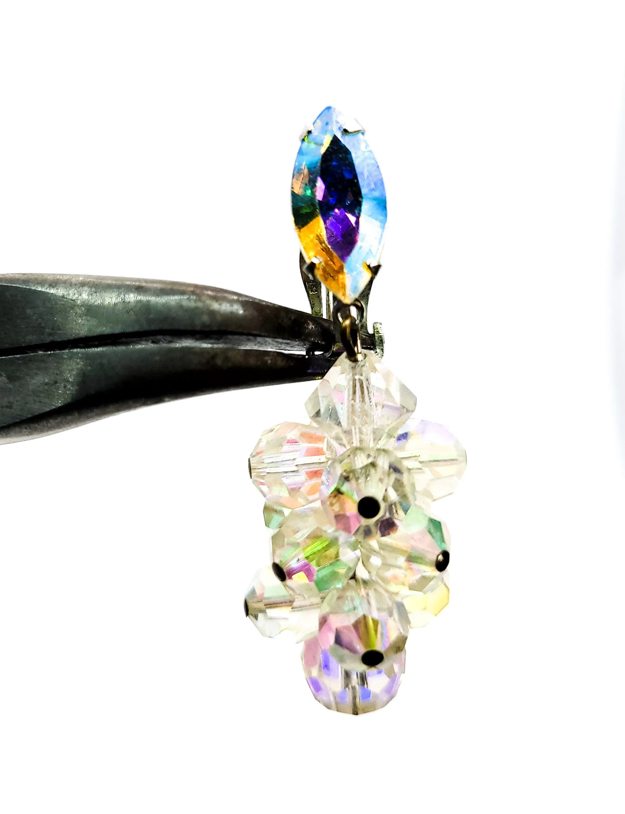 Lewis Segal Aurora Borealis Austrian Crystal AB drop beaded vintage clip on earrings