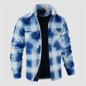 Long Sleeve Quilted Lined Plaid Flannel Shirt Jacket - Blue White