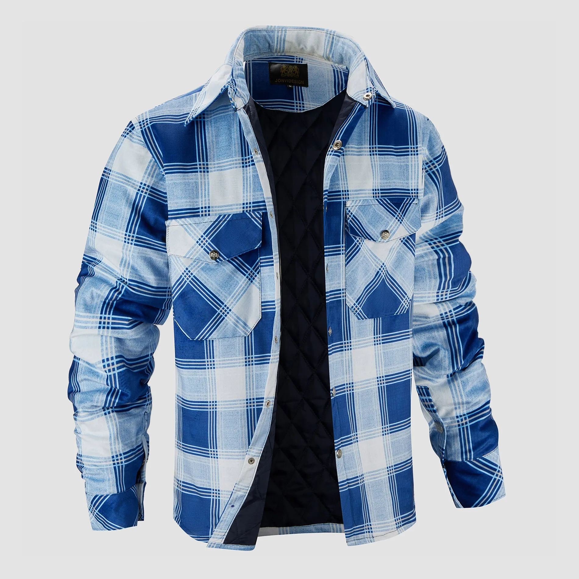 Long Sleeve Quilted Lined Plaid Flannel Shirt Jacket - Blue White