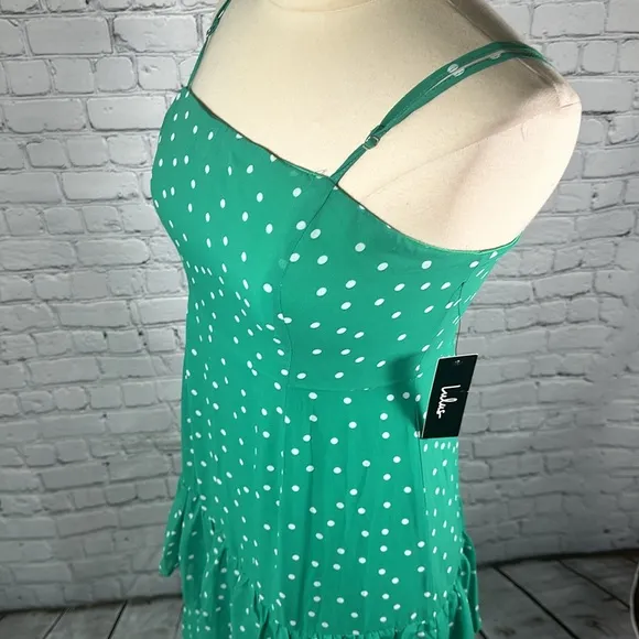 Lulu’s Nellie Green Polka Dot Ruffled Midi Dress size medium NEW