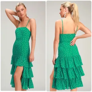 Lulu’s Nellie Green Polka Dot Ruffled Midi Dress size medium NEW