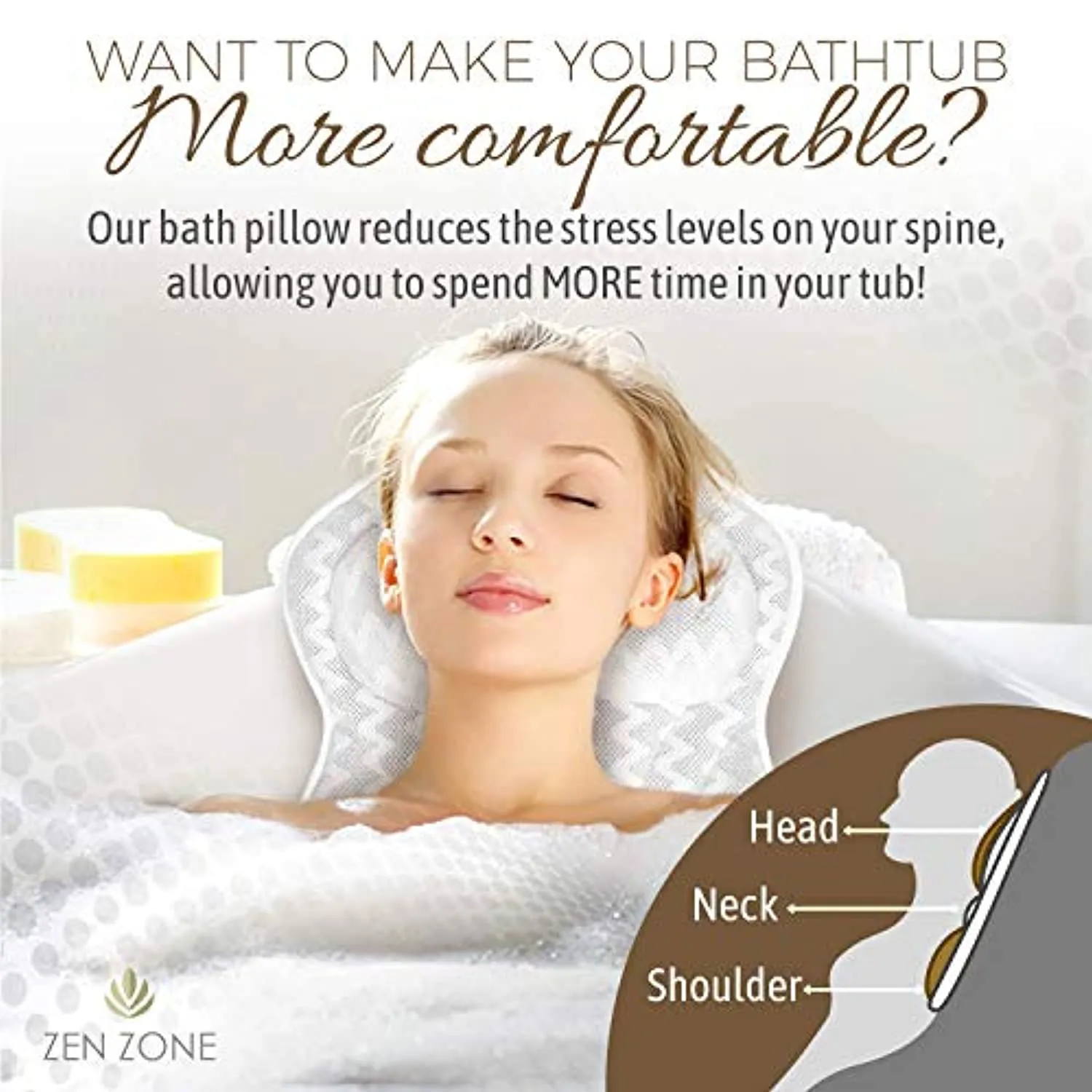 Luxurious Bath Pillow for Tub – Ergonomic Bath Pillow for Neck and Back Support – Bathtub Cushion for a clean - Breathable Comfort 3D Quilted Mesh – Air Mesh Technology Supports Joints (White)