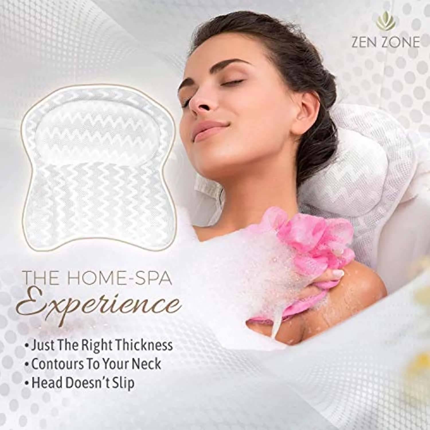 Luxurious Bath Pillow for Tub – Ergonomic Bath Pillow for Neck and Back Support – Bathtub Cushion for a clean - Breathable Comfort 3D Quilted Mesh – Air Mesh Technology Supports Joints (White)