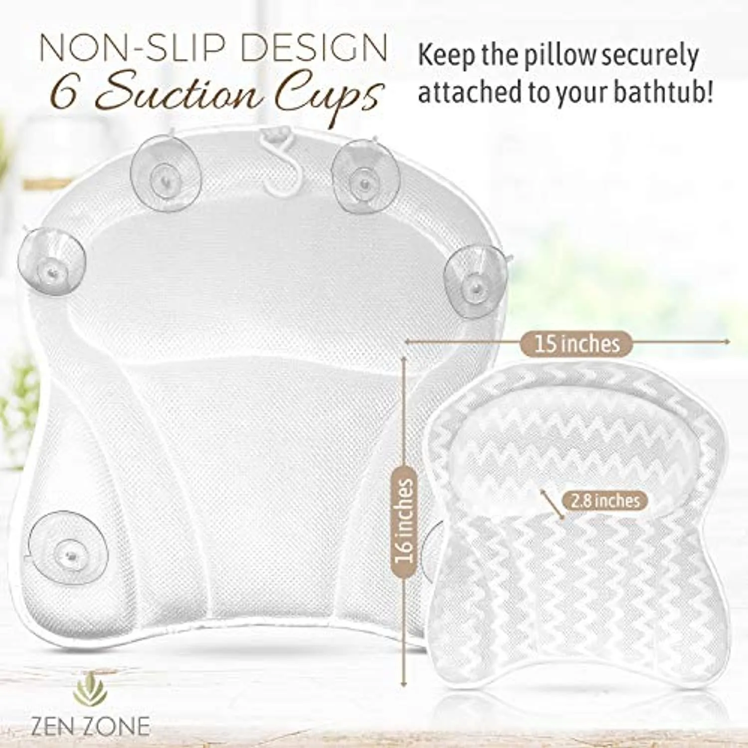Luxurious Bath Pillow for Tub – Ergonomic Bath Pillow for Neck and Back Support – Bathtub Cushion for a clean - Breathable Comfort 3D Quilted Mesh – Air Mesh Technology Supports Joints (White)