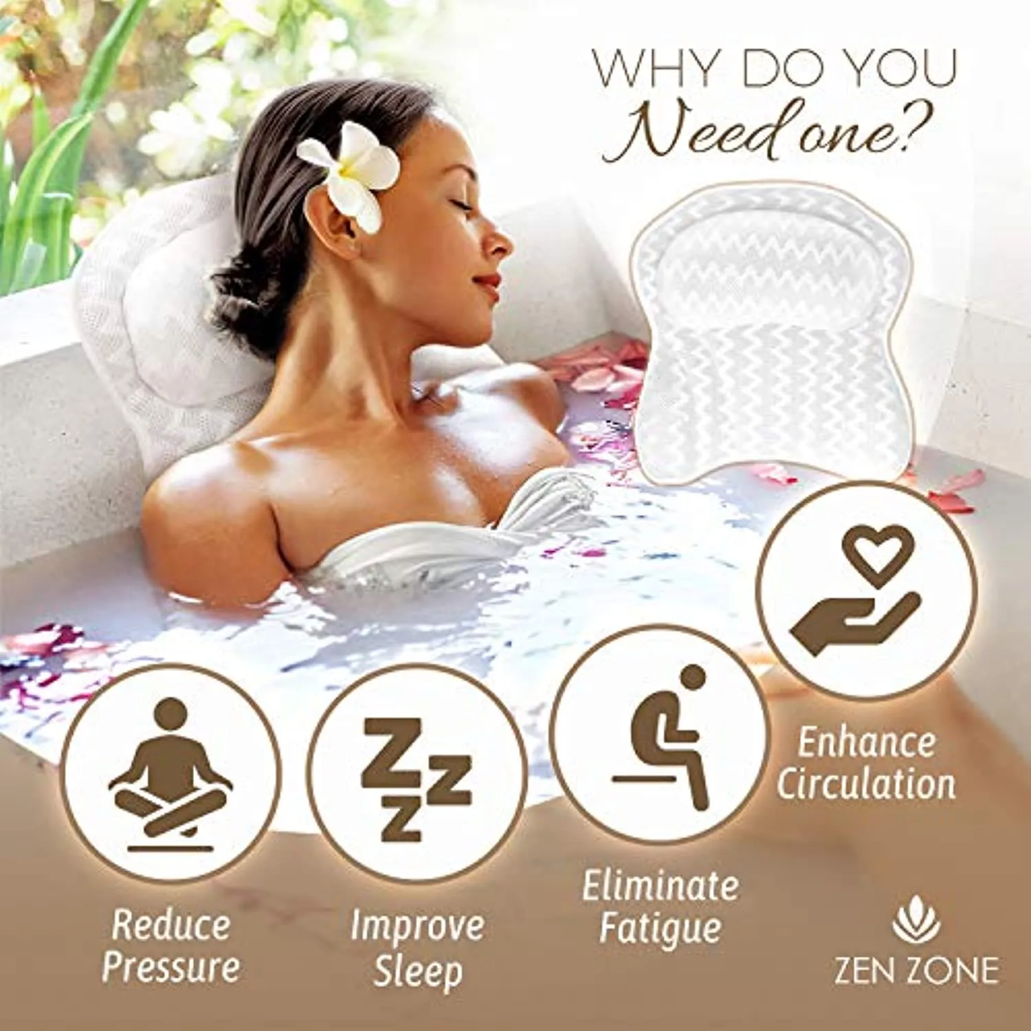 Luxurious Bath Pillow for Tub – Ergonomic Bath Pillow for Neck and Back Support – Bathtub Cushion for a clean - Breathable Comfort 3D Quilted Mesh – Air Mesh Technology Supports Joints (White)