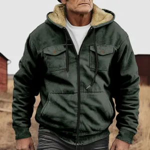 MEN'S HOODED PLUSH MULTI-POCKET ZIPPER CASUAL JACKET