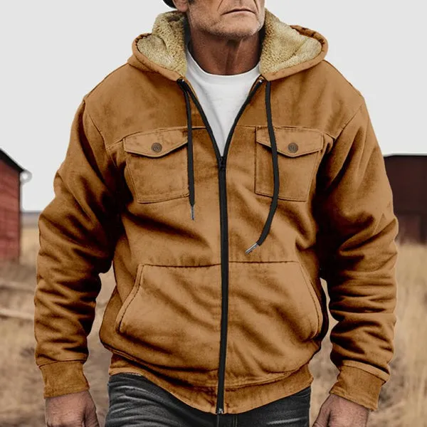 MEN'S HOODED PLUSH MULTI-POCKET ZIPPER CASUAL JACKET