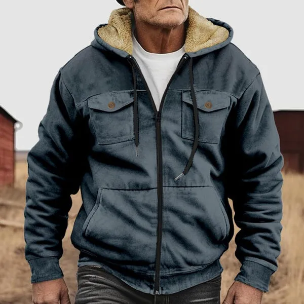 MEN'S HOODED PLUSH MULTI-POCKET ZIPPER CASUAL JACKET
