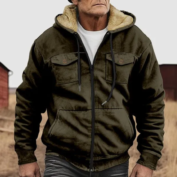 MEN'S HOODED PLUSH MULTI-POCKET ZIPPER CASUAL JACKET