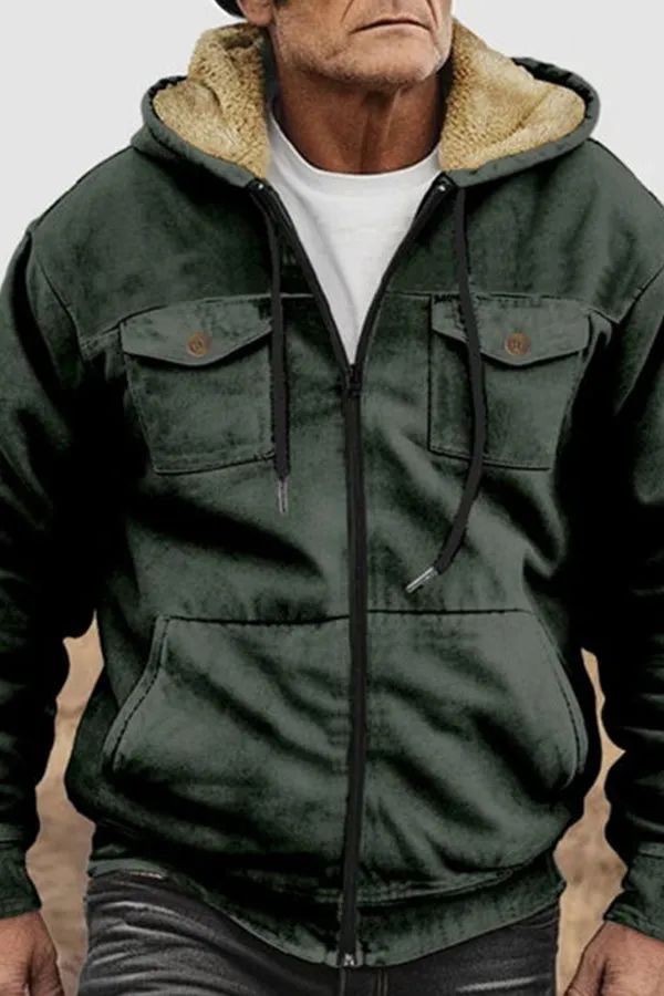 MEN'S HOODED PLUSH MULTI-POCKET ZIPPER CASUAL JACKET
