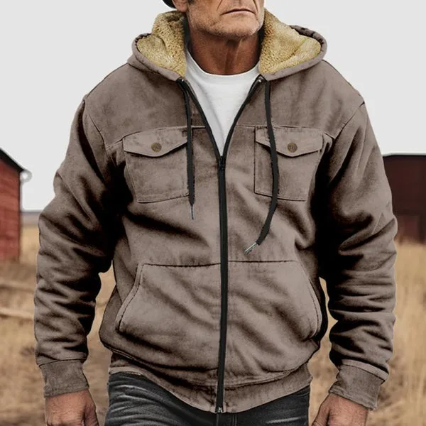 MEN'S HOODED PLUSH MULTI-POCKET ZIPPER CASUAL JACKET