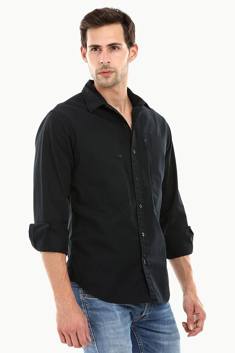 Men's Jet Black Casual Twill Shirt