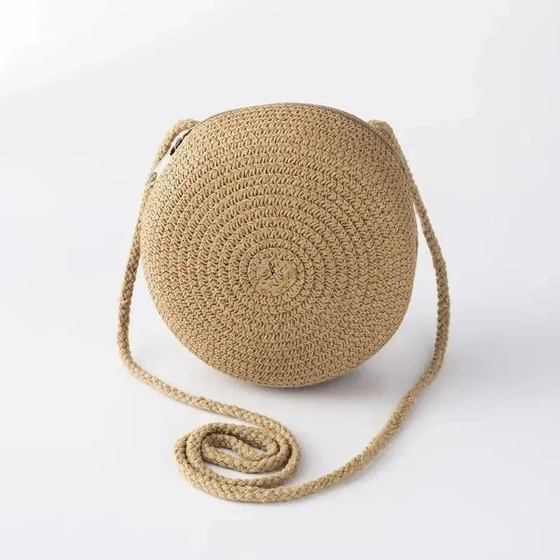 Minimalist Straw Bag Round Crossbody Purse Women Shoulder Vocation Style Handbag