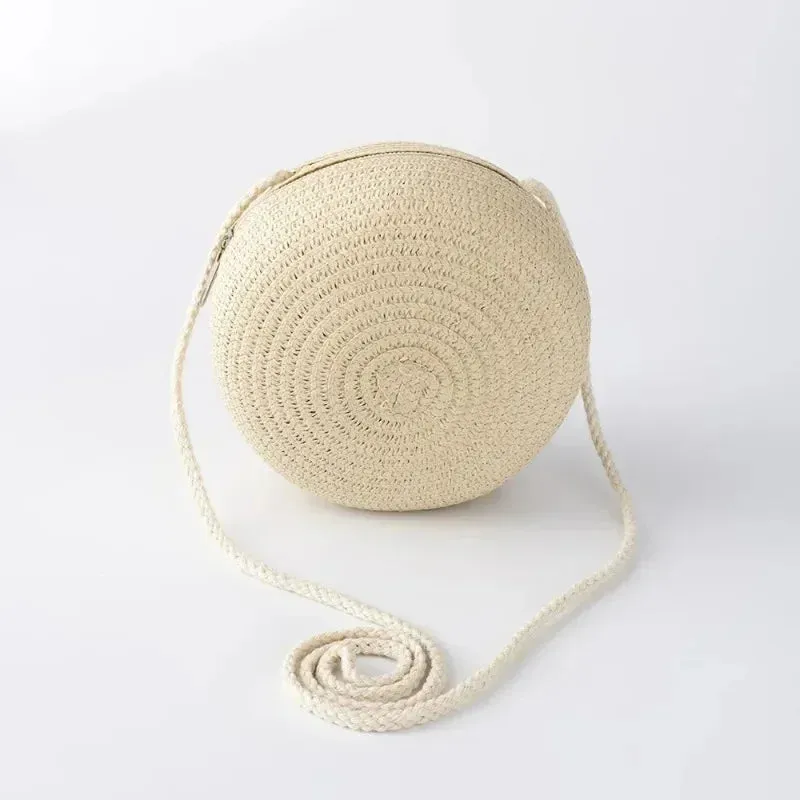 Minimalist Straw Bag Round Crossbody Purse Women Shoulder Vocation Style Handbag
