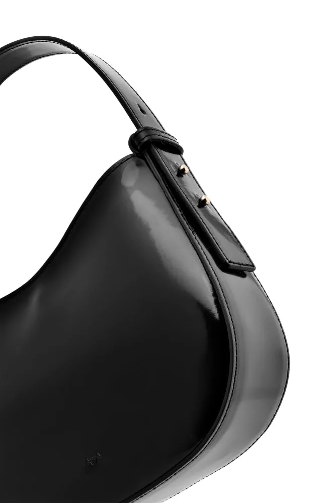 Mio Black Semi Patent Leather Shoulder Bag