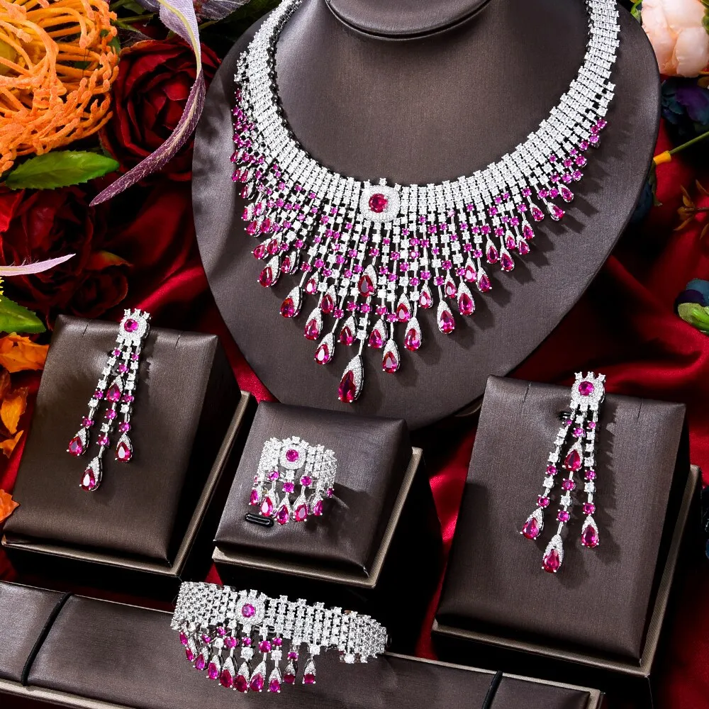 missvikki 4 PCS Shiny Full Cubic Zirconia Luxury Princess Bangle Earrings Necklace Ring Jewelry Set Brides Wedding Jewellery