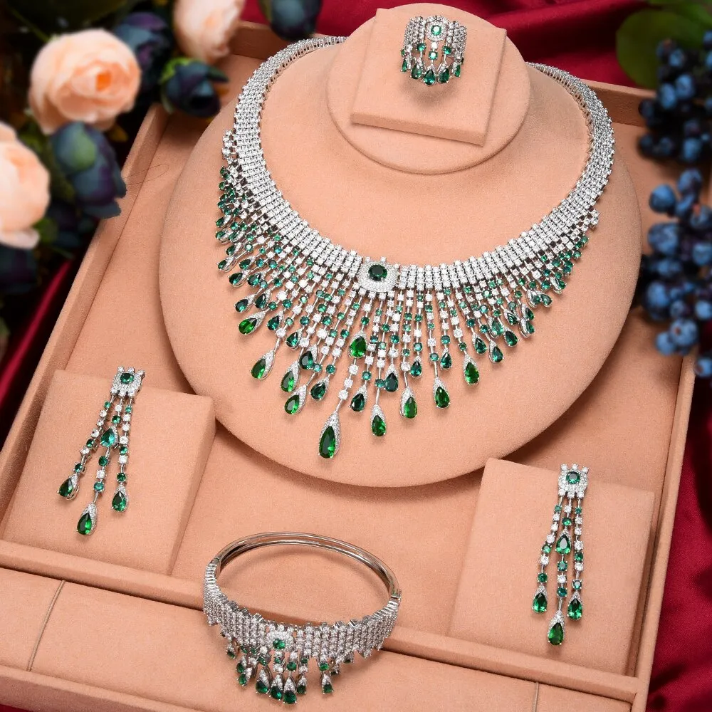 missvikki 4 PCS Shiny Full Cubic Zirconia Luxury Princess Bangle Earrings Necklace Ring Jewelry Set Brides Wedding Jewellery