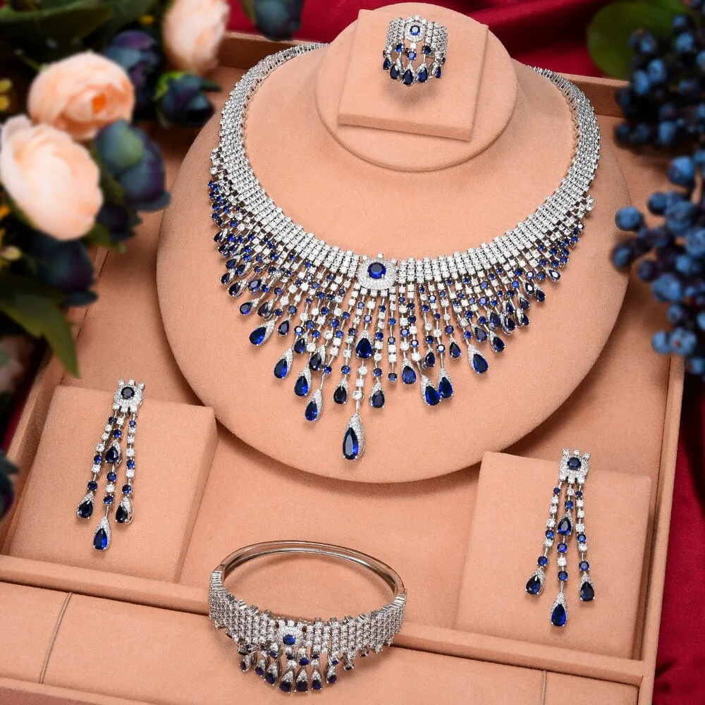 missvikki 4 PCS Shiny Full Cubic Zirconia Luxury Princess Bangle Earrings Necklace Ring Jewelry Set Brides Wedding Jewellery