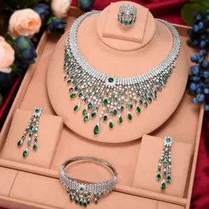 missvikki 4 PCS Shiny Full Cubic Zirconia Luxury Princess Bangle Earrings Necklace Ring Jewelry Set Brides Wedding Jewellery